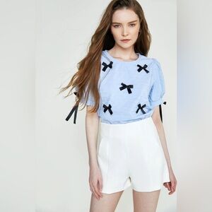 J.ING Cornflower Blue Textured Bowknot Decor Puff Sleeve Blouse